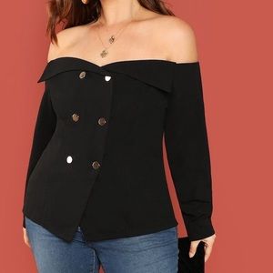 SHEIN 1X Black Tuxedo Top Off Shoulder Long Sleeve Top